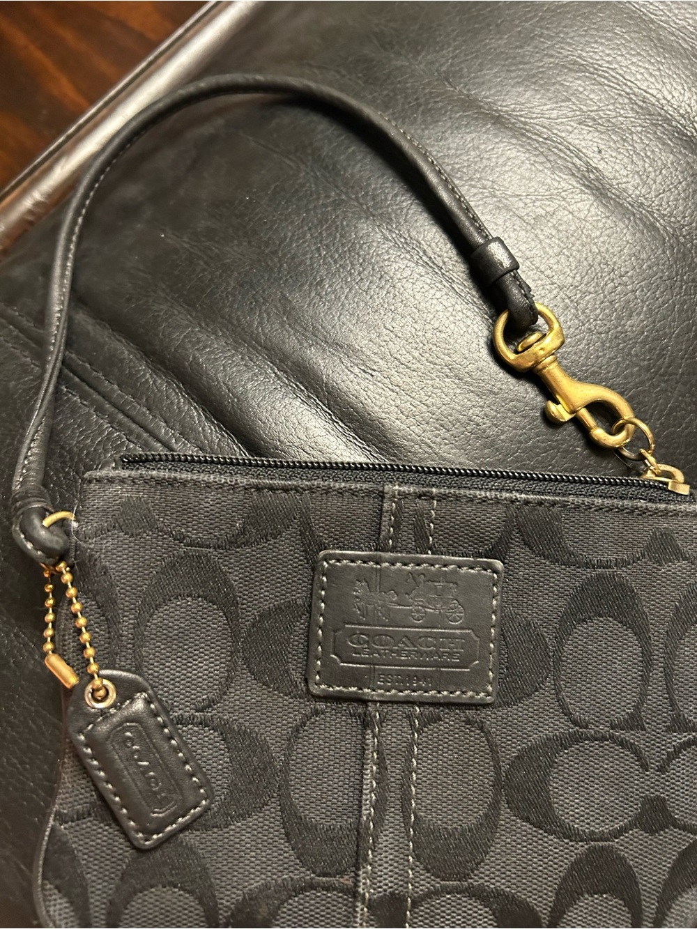 Coach Black Signature C Fabric Wristlet with Leather Trim